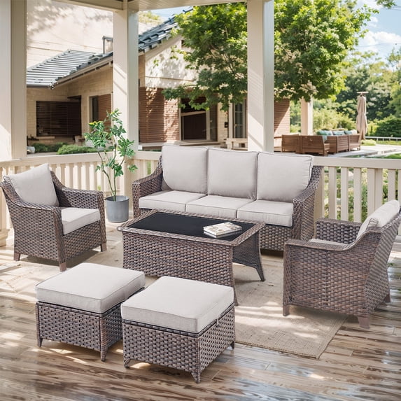 POCASSY 6PCS Outdoor Furniture Set with Outdoor Sofa, Outdoor Wicker Accent Chair, Ottoman and Coffee Table, All Weather Brown Wicker Outdoor Conversation Set for Porch, Balcony, Garden - Brown/Beige