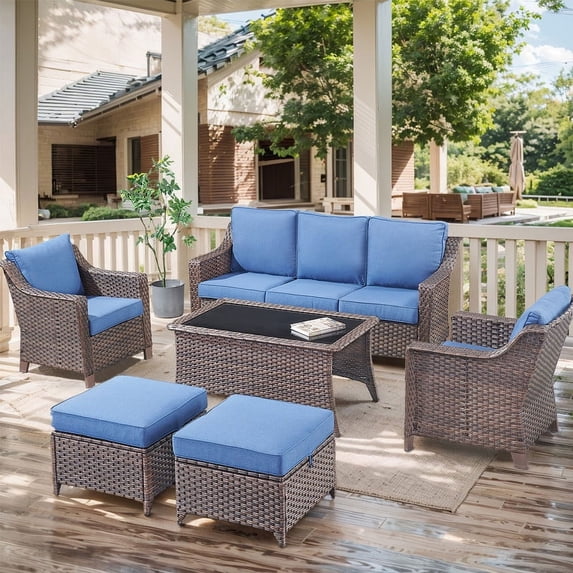 POCASSY 6PCS Outdoor Furniture Set with Outdoor Sofa, Outdoor Wicker Accent Chair, Ottoman and Coffee Table, All Weather Brown Wicker Outdoor Conversation Set for Porch, Balcony, Garden - Brown/Blue