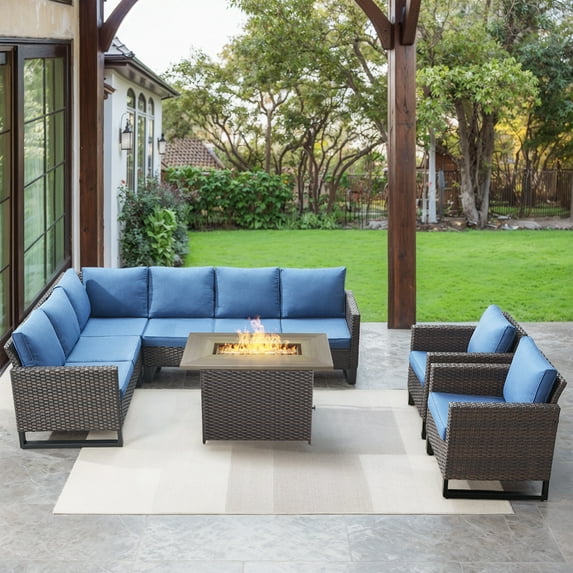 POCASSY 6PCS Patio Furniture Set with Fire Pit Table - All Weather Brown Wicker Outdoor Sectional Sofa with Club Chair and 41" Rectangular Propane Firepit Table for Deck, Porch, Garden - Blue