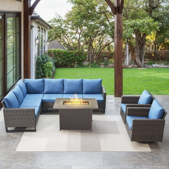POCASSY 6PCS Patio Furniture Set with Fire Pit Table - All Weather Brown Wicker Outdoor Sectional Sofa with Swivel Chair and 41" Rectangular Propane Firepit Table for Deck, Porch, Garden - Blue