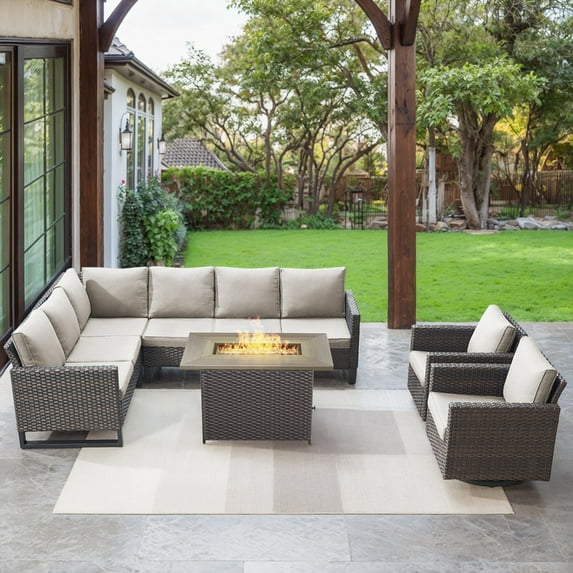 POCASSY 6PCS Patio Furniture Set with Fire Pit Table - All Weather Brown Wicker Outdoor Sectional Sofa with Swivel Chair and 41" Rectangular Propane Firepit Table for Deck, Porch, Garden - Beige