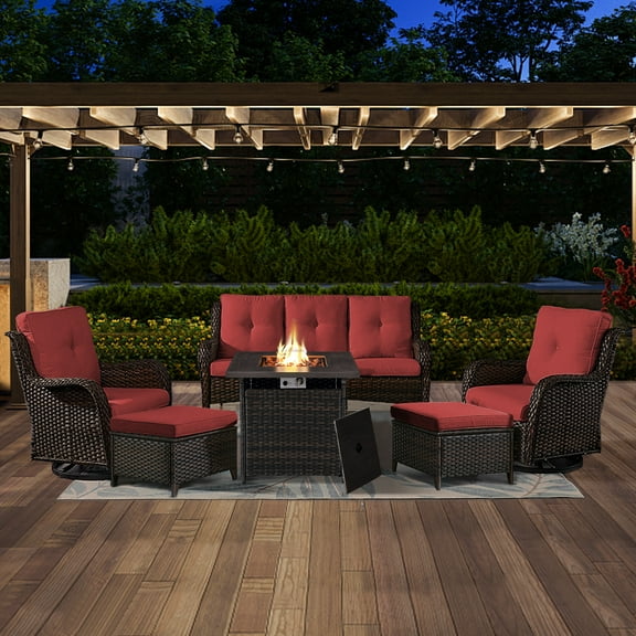 POCASSY 6PCS Patio Furniture Set with Fire Pit Table, Weather-Resistant Wicker Patio Fire Pit Set with Sofa, Swivel Patio Chair and 50000BTU Propane Fire Pit, Brown Wicker Red Cushion