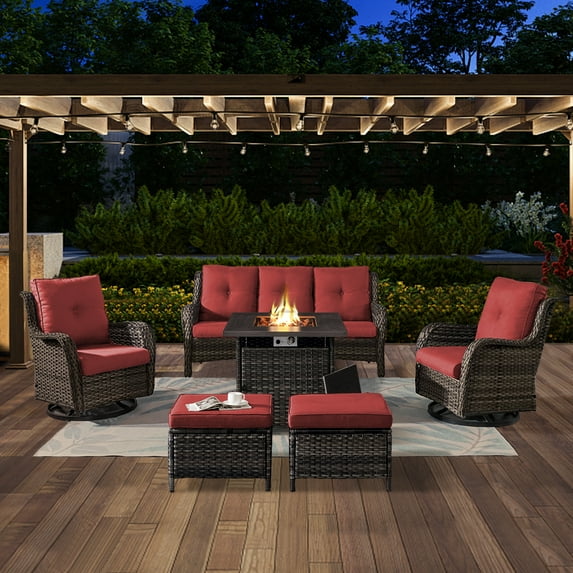 POCASSY 6PCS Patio Furniture Set with Fire Pit Table, Weather-Resistant Wicker Patio Fire Pit Set with Sofa, Swivel Patio Chair and 50000BTU Propane Fire Pit, Gray Wicker Red Cushion