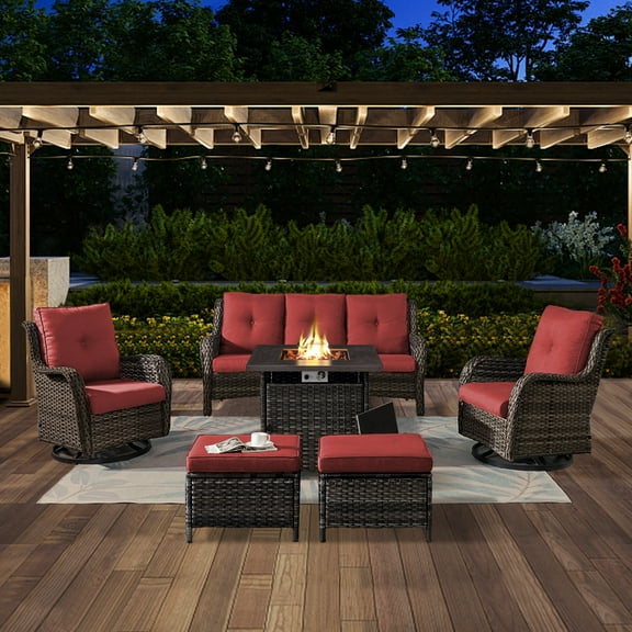 POCASSY 6PCS Patio Furniture Set with Fire Pit Table, Weather-Resistant Wicker Patio Fire Pit Set with Sofa, Swivel Patio Chair and 50000BTU Propane Fire Pit, Gray Wicker Red Cushion