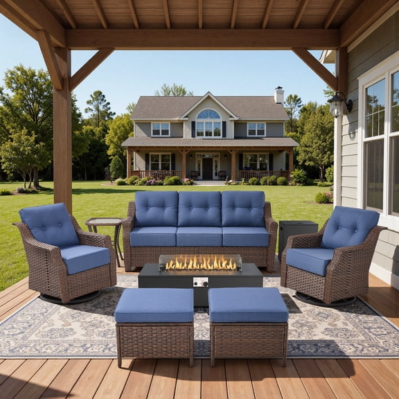 POCASSY 7 Piece 6 inch Thick Upholstered Cushion Patio Furniture Set with Fire Pit Table, All Weather Brown Wicker Outdoor Conversation Set for Deck, Blue Cushion