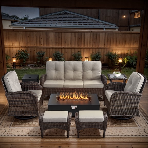 POCASSY 7-Piece Outdoor Patio Furniture Set, Brown Rattan Wicker Modern Patio Furniture Set with 50000 BTU Propane Firepit, Patio Couch, Outdoor Swivel Chair, Side Table, and Ottoman, Beige Cushion