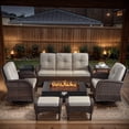 thumbnail image 1 of POCASSY 7-Piece Outdoor Patio Furniture Set, Brown Rattan Wicker Modern Patio Furniture Set with 50000 BTU Propane Firepit, Patio Couch, Outdoor Swivel Chair, Side Table, and Ottoman, Beige Cushion, 1 of 23