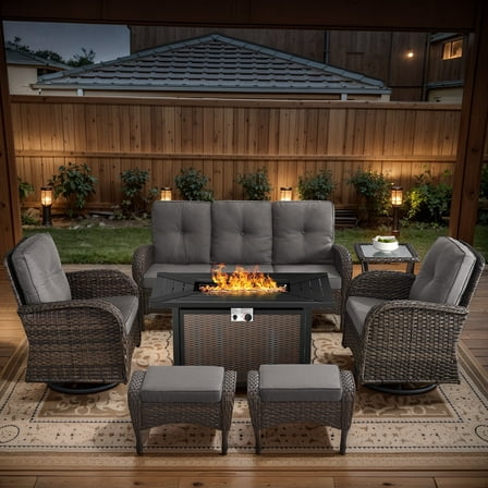 POCASSY 7 Piece Outdoor Patio Furniture Set, Patio Furniture Set with Fire Pit Table Rattan Wicker Patio Furniture Set, Brown Wicker & Gray Cushion