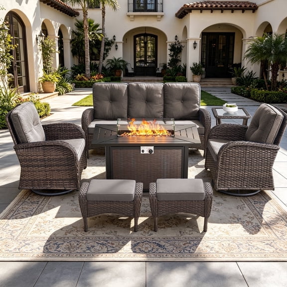 POCASSY 7 Piece Outdoor Patio Furniture Set, Patio Furniture Set with Fire Pit Table Rattan Wicker Patio Furniture Set, Brown Wicker & Gray Cushion