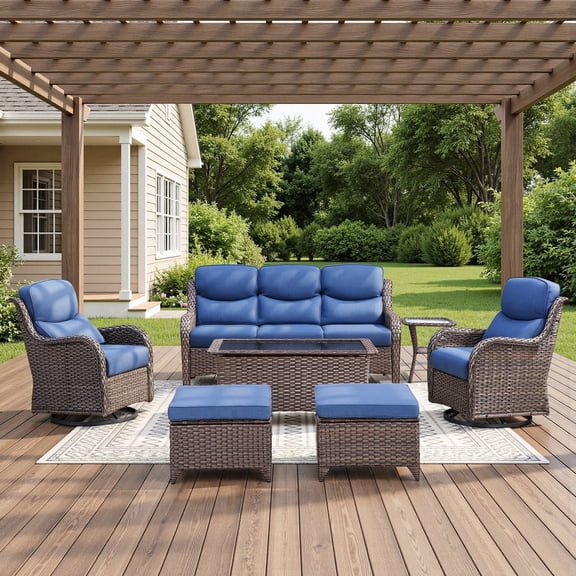 POCASSY 7-Piece Outdoor Patio Furniture Set with Swivel Chairs, Luxury High Back Rattan Wicker Outdoor Conversation Set with 5-inch Thick Seat Cushion Sofa and Swivel Glider Patio Chair for Porch