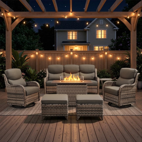POCASSY 7-Piece Patio Furniture Set with Fire Pit Table, Luxury High Back Rattan Wicker Outdoor Conversation Set with 5-inch Thick Seat Cushion Sofa and Swivel Glider Patio Chair for Porch