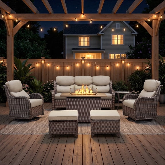 POCASSY 7-Piece Patio Furniture Set with Fire Pit Table, Luxury High Back Rattan Wicker Outdoor Conversation Set with 5-inch Thick Seat Cushion Sofa and Swivel Glider Patio Chair for Porch