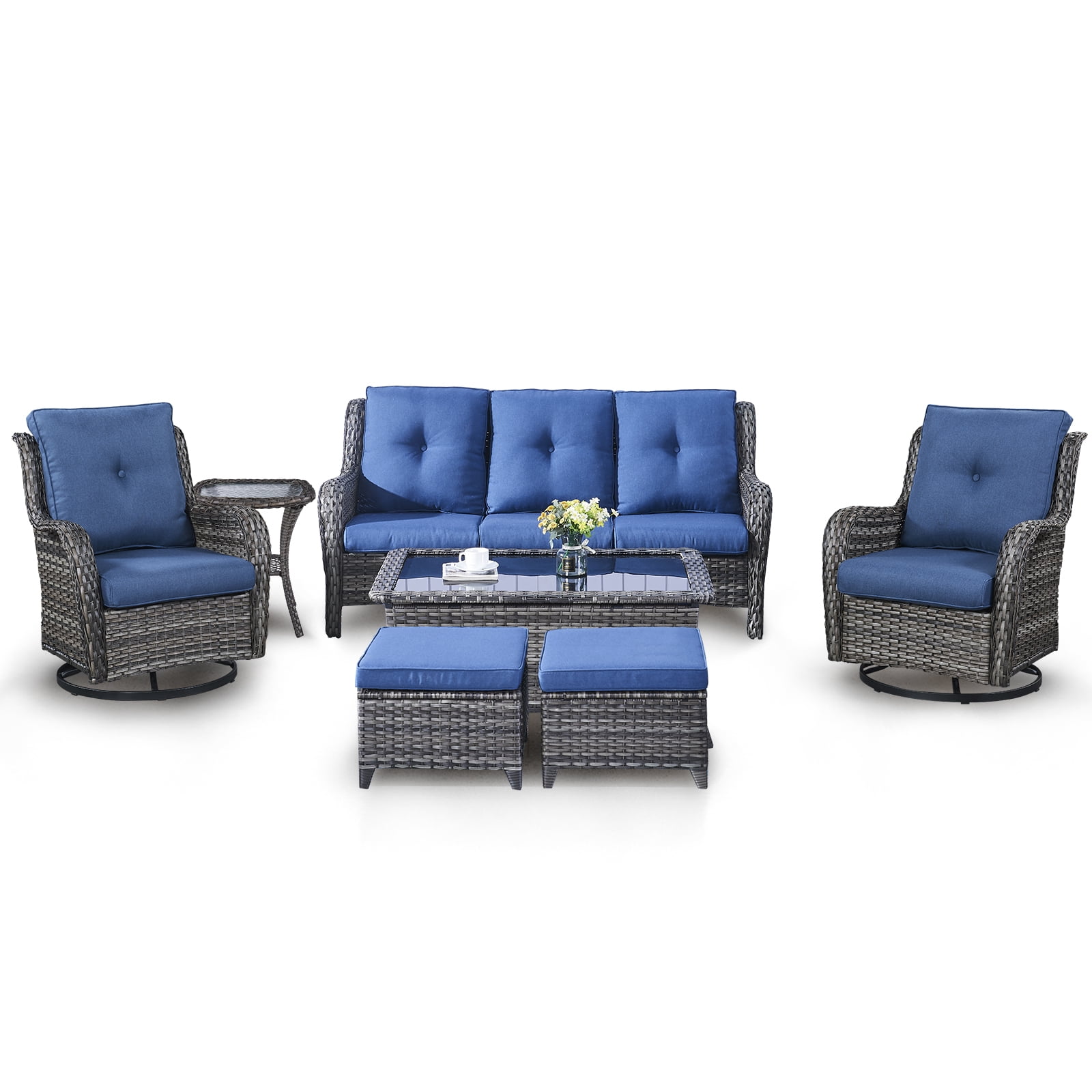POCASSY 7-Piece Wicker Patio Furniture Set with Sofa, Swivel Chairs, and Tables, Gray/Blue