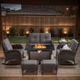 thumbnail image 1 of POCASSY 7 Pieces Fire Pit Table Set Patio Furniture with Glider Loveseat, All Weather Outdoor Conversation Set with Cushioned Patio Loveseat and Outdoor Rocking Chairs, Brown Wicker Gray Cushion, 1 of 18