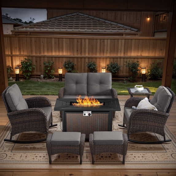 POCASSY 7 Pieces Fire Pit Table Set Patio Furniture with Glider Loveseat, All Weather Outdoor Conversation Set with Cushioned Patio Loveseat and Outdoor Rocking Chairs, Brown Wicker Gray Cushion