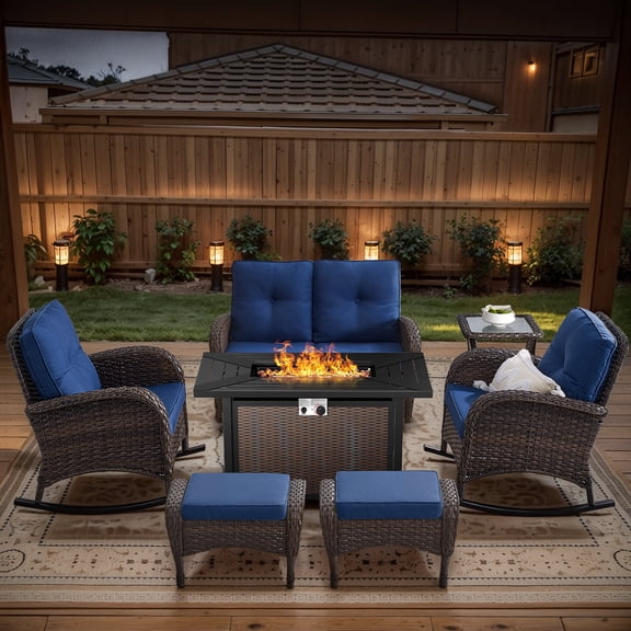 POCASSY 7 Pieces Fire Pit Table Set Patio Furniture with Glider Loveseat, All Weather Outdoor Conversation Set with Cushioned Patio Loveseat and Outdoor Rocking Chairs, Brown Wicker Blue Cushion