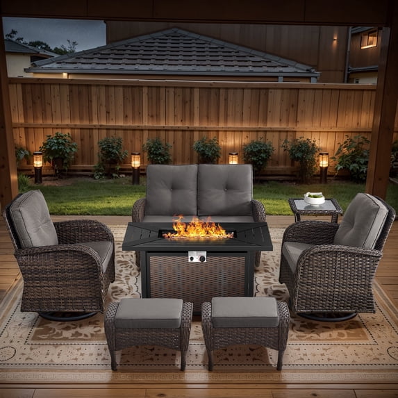 POCASSY 7 Pieces Fire Pit Table Set Patio Furniture with Glider Loveseat, All Weather Outdoor Conversation Set with Cushioned Patio Loveseat and Patio Swivel Chairs, Brown Wicker Gray Cushion