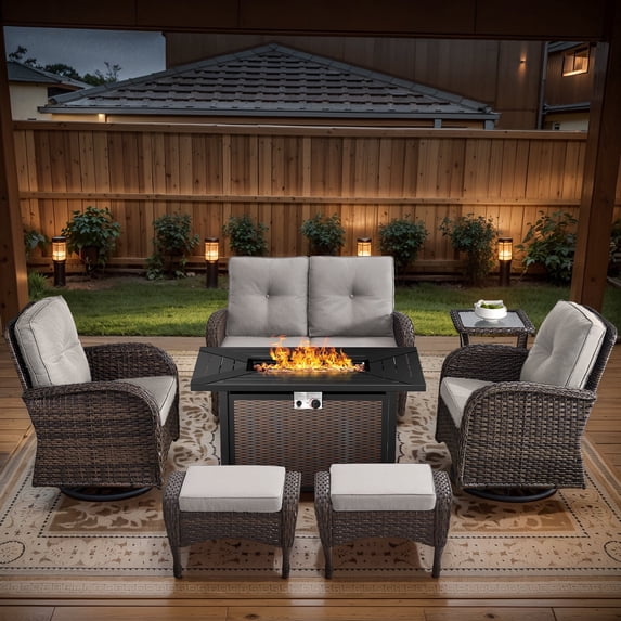 POCASSY 7 Pieces Fire Pit Table Set Patio Furniture with Glider Loveseat, All Weather Outdoor Conversation Set with Cushioned Patio Loveseat and Patio Swivel Chairs, Brown Wicker Beige Cushion