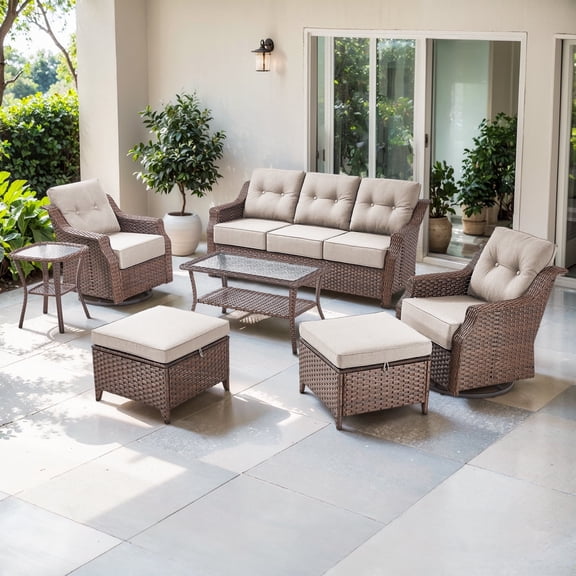 POCASSY 7 Pieces Patio Furniture Set, 6" Thick Cushion & All Weather Wicker Conversation Set with Coffee Table, Sofa, Swivel Rocking Chair, Ottoman and Side Table