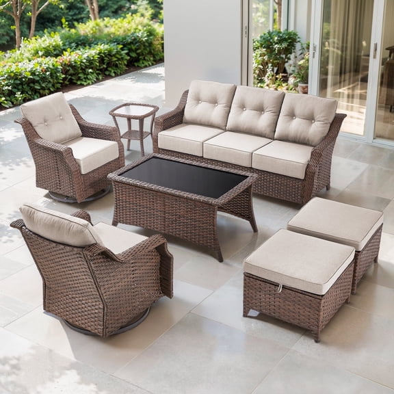 POCASSY 7 Pieces Patio Furniture Set, 6" Thick Cushion & All Weather Wicker Conversation Set with Coffee Table, Sofa, Swivel Rocking Chair, Ottoman and Side Table
