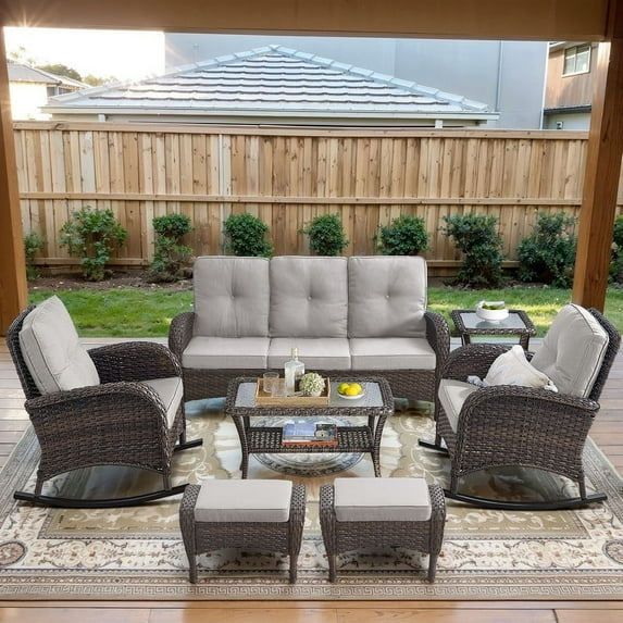 POCASSY 7 Pieces Patio Furniture Set All Weather Wicker Conversation Set with Coffee Table, Sofa, Rocking Chair, Ottoman and Side Table for Pool, Backyard, Garden, Beige