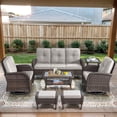 thumbnail image 1 of POCASSY 7 Pieces Patio Furniture Set All Weather Wicker Conversation Set with Coffee Table, Sofa, Swivel Rocking Chair, Ottoman and Side Table for Pool, Backyard, Garden, Beige, 1 of 14