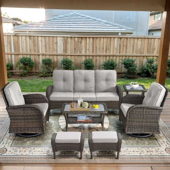 POCASSY 7 Pieces Patio Furniture Set All Weather Wicker Conversation Set with Coffee Table, Sofa, Swivel Rocking Chair, Ottoman and Side Table for Pool, Backyard, Garden, Beige