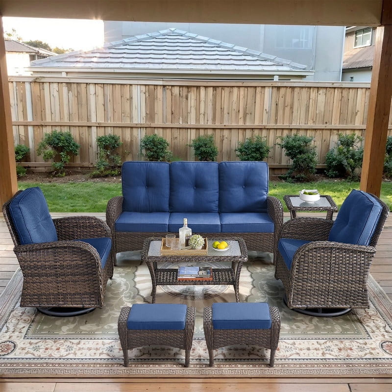 POCASSY 7 Pieces Patio Furniture Set All Weather Wicker Conversation Set with Coffee Table, Sofa, Swivel Rocking Chair, Ottoman and Side Table for Pool, Backyard, Garden, Blue