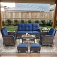 thumbnail image 1 of POCASSY 7 Pieces Patio Furniture Set All Weather Wicker Conversation Set with Coffee Table, Sofa, Swivel Rocking Chair, Ottoman and Side Table for Pool, Backyard, Garden, Blue, 1 of 14