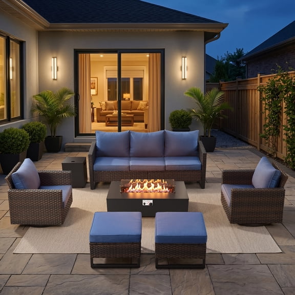 POCASSY 7 Pieces Patio Furniture Sets with Firepit Table, All Weather Brown Wicker Outdoor Conversation Set with Swivel Patio Chairs, High Back Sofa and Fire Pit Table with Propane Tank Side Table