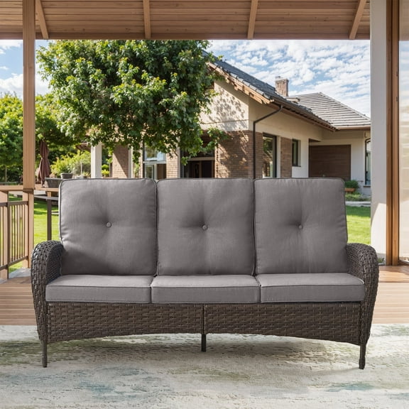 POCASSY 72" Wide Outdoor Sofa Furniture Brown Outdoor Wicker Sofa Weather Resistant Rattan with Deep Seat for Patio Backyard Porch, Gray