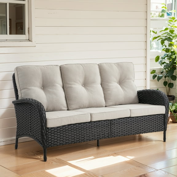 POCASSY 72" Wide Patio Couch Furniture Black Wicker Outdoor Sofa Weather Resistant Rattan with Deep Seat for Patio Backyard Porch, Beige