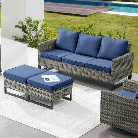 POCASSY 74.02" Wide Outdoor Wicker Patio Sofa with Cushions and Ottomans