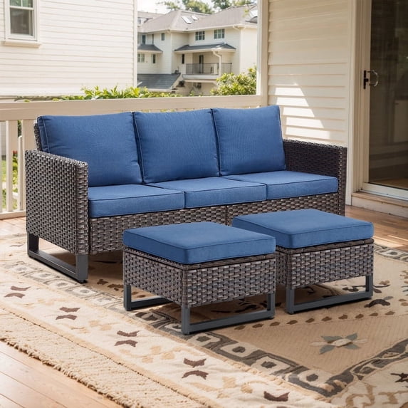 POCASSY 74.02" Wide Outdoor Wicker Patio Sofa with Ottomans