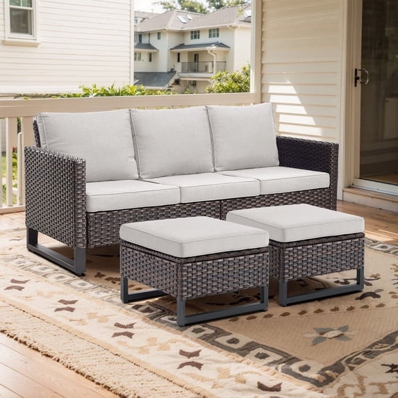POCASSY 74.02" Wide Outdoor Wicker Patio Sofa with Ottomans