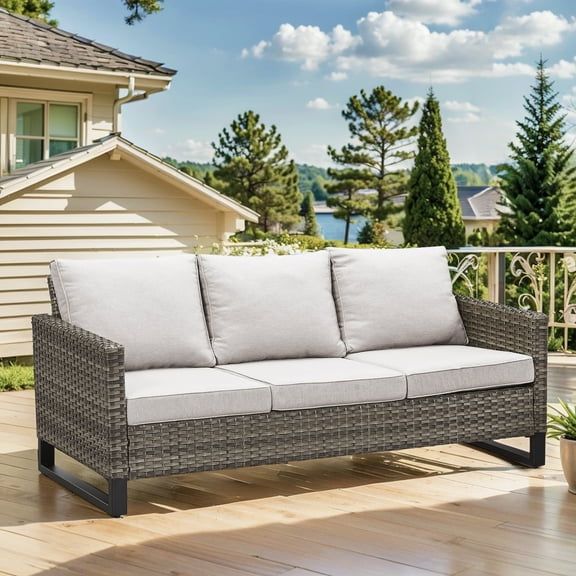 POCASSY 74.4" Wide Gray Wicker Patio Couch, Weather Resistant Rattan Outdoor Furniture Sofa with Deep Seat for Patio Backyard Porch, Beige