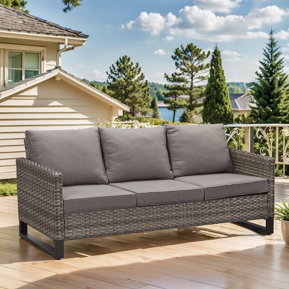 POCASSY 74.4" Wide Gray Wicker Patio Couch, Weather Resistant Rattan Outdoor Furniture Sofa with Deep Seat for Patio Backyard Porch, Gray
