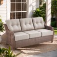 thumbnail image 1 of POCASSY 74.8" Wide Outdoor Sofa with 6" Thick Seat Cushion, Patio Furniture Sofa with Brown Wicker Round Rattan Deep Seat High Back Wicker Patio Couch for Porch in Beige Cushion, 1 of 10