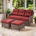 thumbnail image 1 of POCASSY 74.8" Wide Outdoor Sofa with 6" Thick Seat Cushion, Patio Furniture Sofa Set with Ottomans, Brown Wicker Round Rattan Deep Seat High Back Wicker Patio Couch for Porch in Red Cushion, 1 of 11