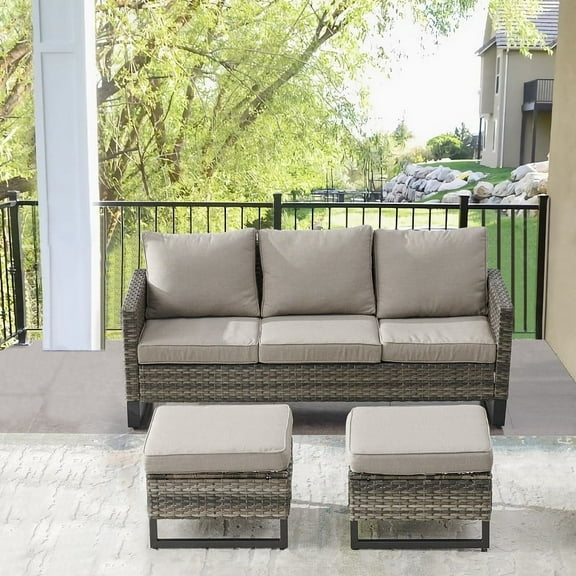 POCASSY 74" Wide Outdoor Wicker Sofa Patio Couch with Ottoman