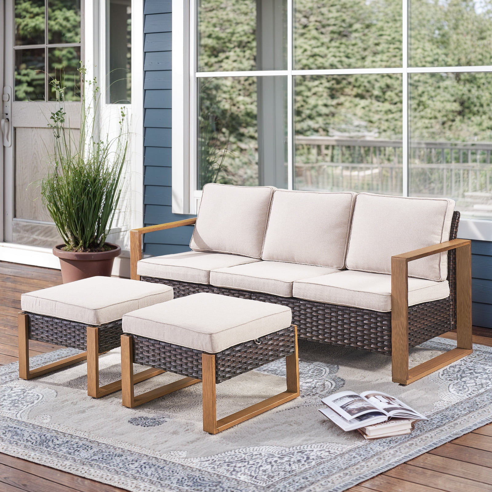POCASSY 75" Wide Outdoor Sofa Outdoor Furniture Sets, All-Weather Brown Wicker Rattan Outdoor Couch with Ottomans and Cushions for Garden Backyard Poolside, Beige