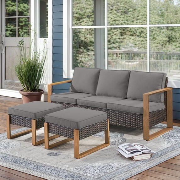 POCASSY 75" Wide Outdoor Sofa Outdoor Furniture Sets, All-Weather Brown Wicker Rattan Outdoor Couch with Ottomans and Cushions for Garden Backyard Poolside, Gray