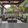 thumbnail image 1 of POCASSY 7PCS Outdoor Furniture Set with 30" Propane Fire Pit Table, Outdoor Conversation Set with All Weather Brown Wicker Sectional Sofa and Swivel Chair for Balcony, Porch, Garden - Brown/Gray, 1 of 17