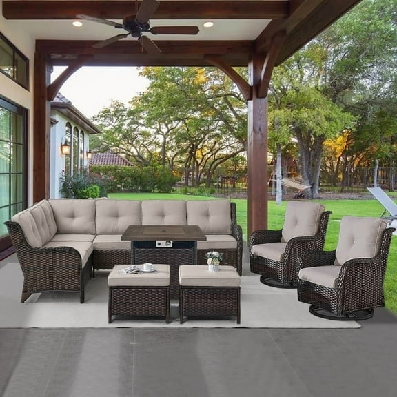 POCASSY 7PCS Outdoor Furniture Set with 30" Propane Fire Pit Table, Outdoor Conversation Set with All Weather Brown Wicker Sectional Sofa and Swivel Chair for Balcony, Porch, Garden - Brown/Beige