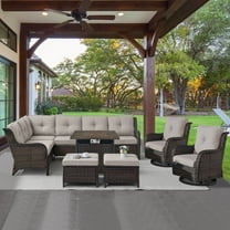 POCASSY 7PCS Outdoor Furniture Set with 30" Propane Fire Pit Table, Outdoor Conversation Set with All Weather Brown Wicker Sectional Sofa and Swivel Chair for Balcony, Porch, Garden - Brown/Beige