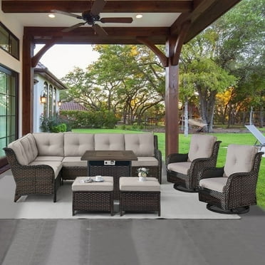 POCASSY 7PCS Outdoor Furniture Set with 30" Propane Fire Pit Table, Outdoor Conversation Set with All Weather Brown Wicker Sectional Sofa and Swivel Chair for Balcony, Porch, Garden - Brown/Beige