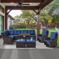 thumbnail image 1 of POCASSY 7PCS Outdoor Furniture Set with 30" Propane Fire Pit Table, Outdoor Conversation Set with All Weather Brown Wicker Sectional Sofa and Swivel Chair for Balcony, Porch, Garden - Brown/Blue, 1 of 17