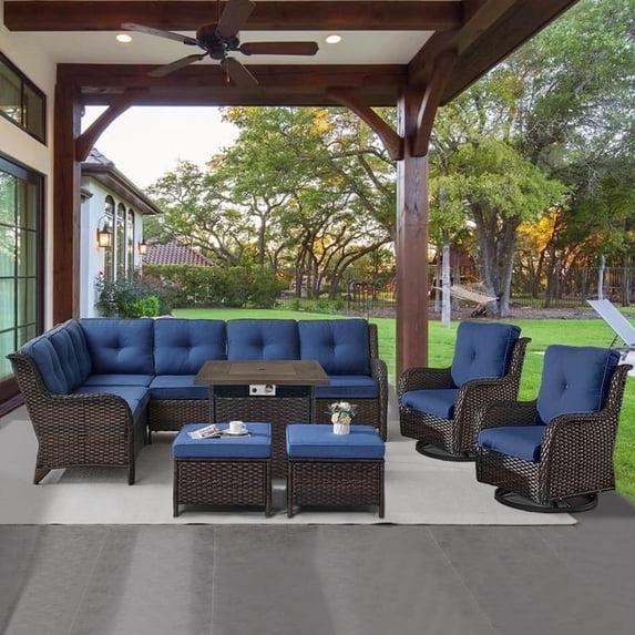 POCASSY 7PCS Outdoor Furniture Set with 30" Propane Fire Pit Table, Outdoor Conversation Set with All Weather Brown Wicker Sectional Sofa and Swivel Chair for Balcony, Porch, Garden - Brown/Blue
