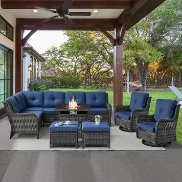 POCASSY 7PCS Outdoor Furniture Set with 30" Propane Fire Pit Table, Outdoor Conversation Set with All Weather Gray Wicker Sectional Sofa and Swivel Chair for Balcony, Porch, Garden - Gray/Blue