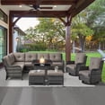 thumbnail image 1 of POCASSY 7PCS Outdoor Furniture Set with 30" Propane Fire Pit Table, Outdoor Conversation Set with All Weather Gray Wicker Sectional Sofa and Swivel Chair for Balcony, Porch, Garden - Gray/Gray, 1 of 10